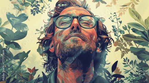 A man with glasses and beard surrounded by plants, AI