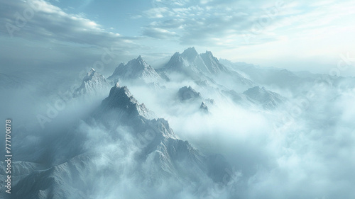 Majestic mountain range rising above a dense fog  creating an ethereal atmosphere.
