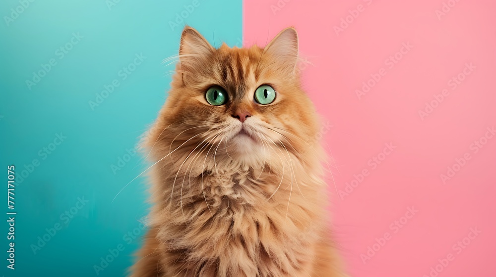 Scottish straight golden shaded chinchilla male cat with green eyes in a magnificent plush thick coat on pink and blue background