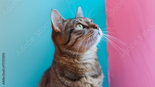 Scottish purebred cat looking up on pink and blue background