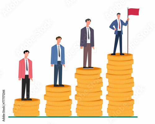 Company employees standing on money stack showing unequal payment financial discrimination income inequality vector illustration 