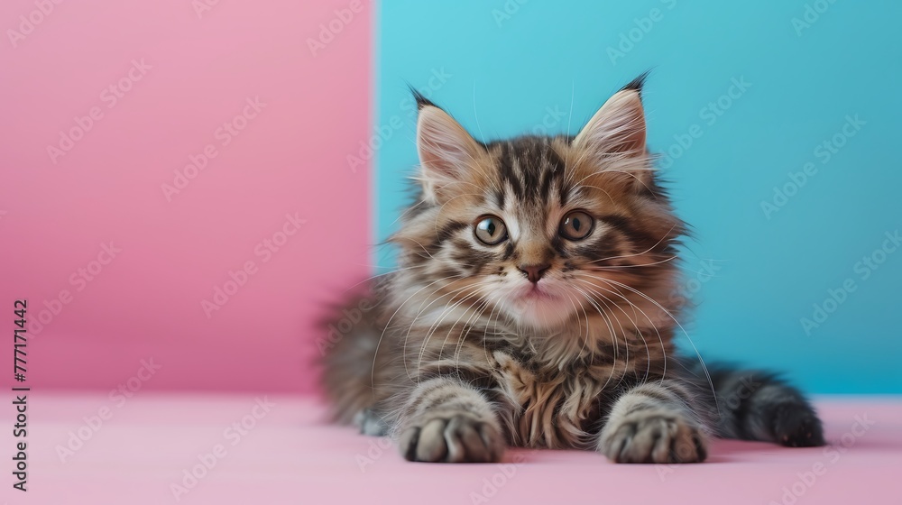 Siberian kitten lying on pink and blue background