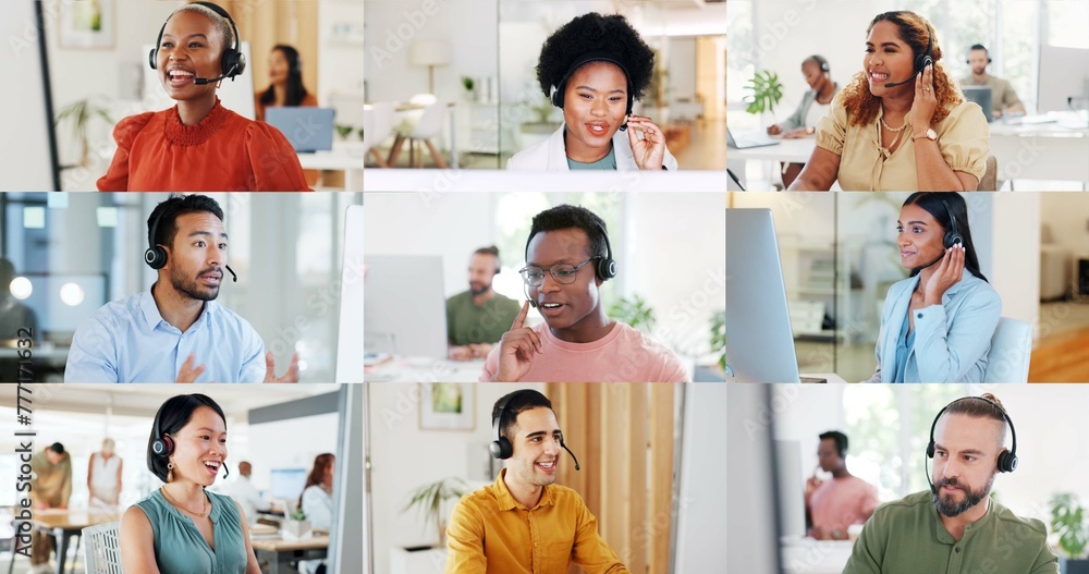 © peopleimages.com - Call center, collage and people in office for customer service, consulting and telemarketing company. Communication, diversity and men and woman talking for advice, help and CRM support on mosaic