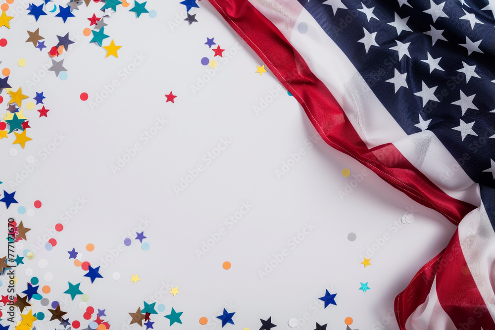 Obraz premium An elegant USA flag draped with grace, with confetti in shapes of stars and stripes floating around it, encapsulating the joy of Independence Day on a white background,