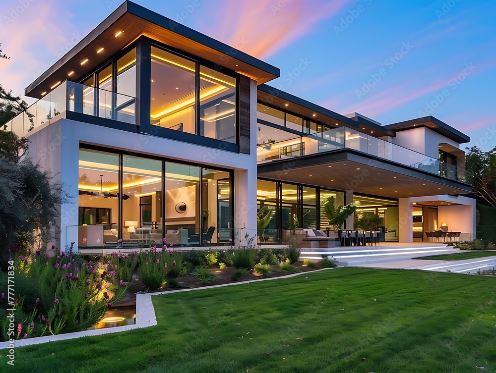 Beautiful luxury home exterior at blue hour with grass and wildflowers in the yard
