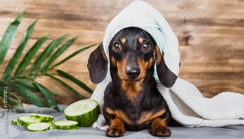 dog dachshund, black and tan, relaxed from spa procedures on face with cucumber, covered with a towel © netsay