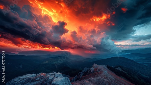 A view of a beautiful sunset over the mountains, AI