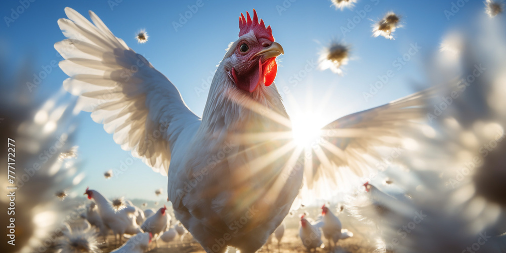 modification aims to make chickens resistant to bird flu, virus and flu fly around сreated with Generative Ai - obrazy, fototapety, plakaty 