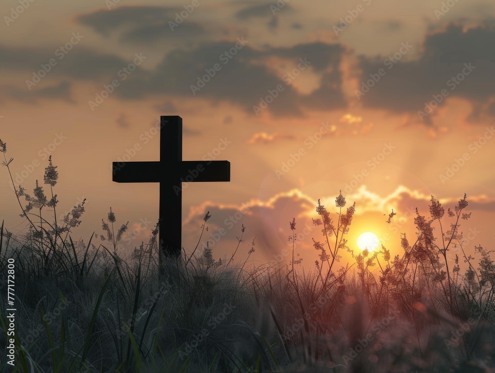 a cross silhouette standing in a field, with the warm glow of a sunset sky