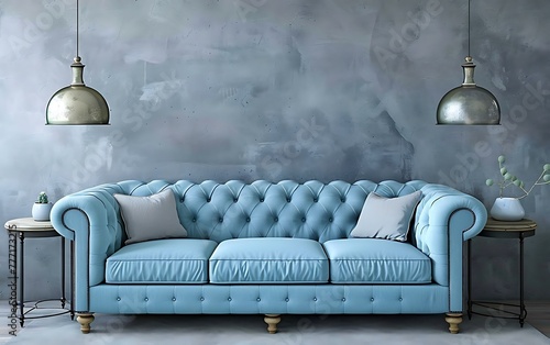 3D rendering of a simple living room interior with a light blue sofa and two side tables against a gray wall, in the style of a mock up for presentation design photo