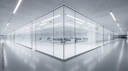 Contemporary office interior with glass partition and elegant white flooring for a modern workspace