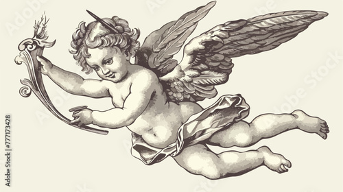 Cupid angel with old engraving style flat vector isolated photo