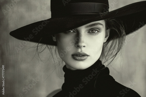 Vintage portrait of mysterious woman with black hat in black 