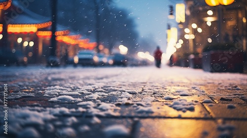 Snowfall in the city. Blurred background. Shallow depth of field