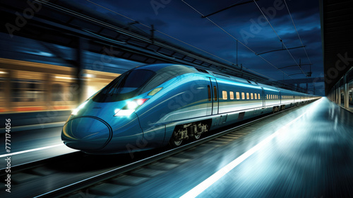 Shinkansen, Train station with motion blur effect, light trails, blue high speed bullet train on the railway station and colorful sky with clouds at sunset 