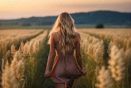 Beautiful blond woman walking in field view from behind. Back view of blond woman in field. Woman walking in wheat back view. photo