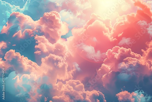 fluffy clouds shone with sunlight from above. Sunny sky abstract background, beautiful cloudy landscape, in heaven. generative ai