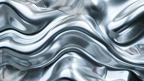 Abstract metallic background texture features a closeup of a shiny silver fabric with glittery chrome highlights ,A shiny silver surface with a wavy pattern ,The surface is reflective and has a metall
