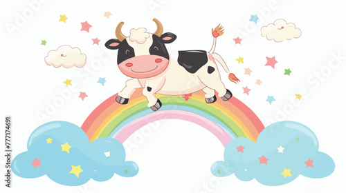Cute cow hanging on magic rainbow flat vector isolated