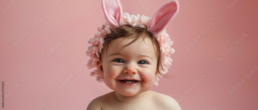 A delightful baby with fluffy bunny ears smiles joyfully against a soft pink background A delightful baby with fluffy bunny ears smiles joyfully against a soft pink background
