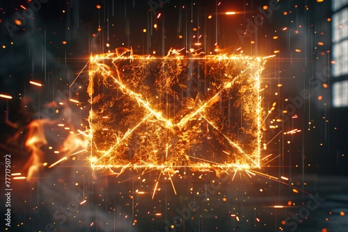 A digital rendering of an email envelope icon surrounded by fire and sparks