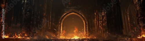 A mystical gothic archway illuminated by fire