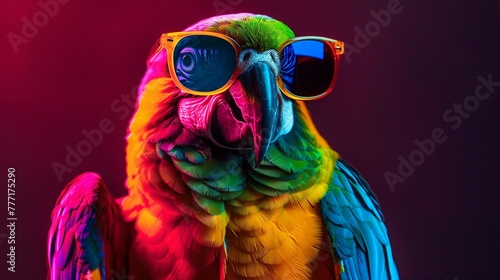 A parrot with a striking presence in neon colors and cool sunglasses