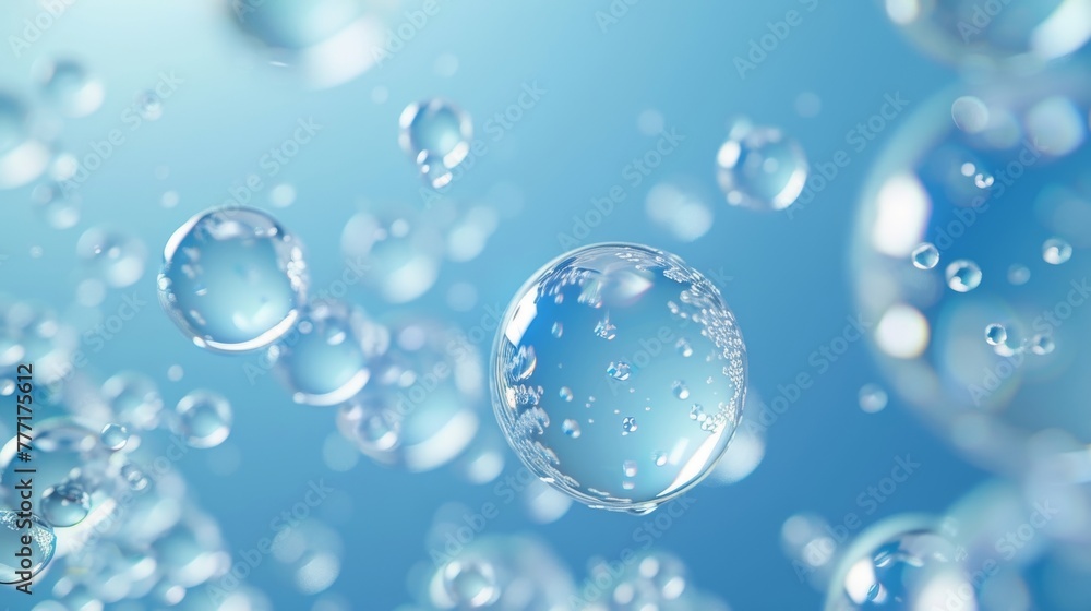 Wallpaper with glass balls, water drops, air bubbles, abstract blue background