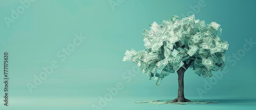 A tree made of dollar bills stands tall on a teal background photo