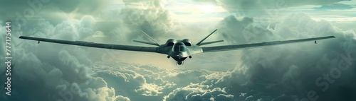 A sophisticated Unmanned Combat Aerial Vehicle (UCAV) soars through stormy skies photo