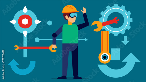 A detailed view of ARisted maintenance with virtual arrows guiding the technicians movements as they perform intricate tasks on sensitive