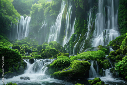 Majestic waterfall cascading down moss-covered rocks in a lush green forest.