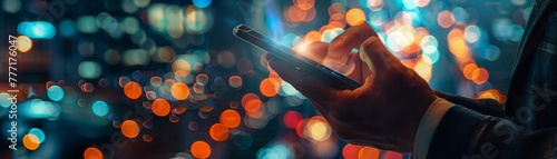 Close-up of a businessmans hand using a smartphone with a blurred city background photo