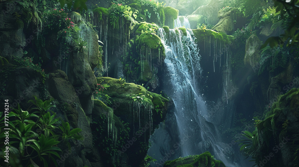 Majestic waterfall surrounded by lush greenery and moss-covered rocks.