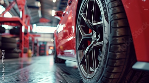 Close-up view of a high-performance car tire in a professional auto service garage photo