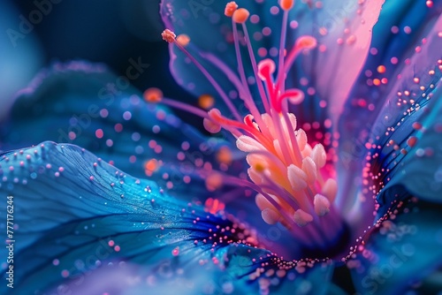 Close-up of a flower with electric blue petals and vibrant pink stamens