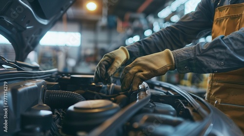Focused auto mechanic with gloves working under the hood of a car in a modern automotive workshop.
