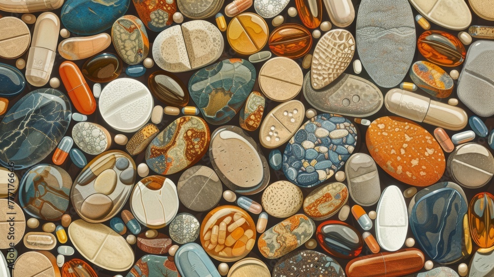 A close up of a pattern that is made out of pills and color stones, AI A close up of a pattern that is made out of pills and color stones, AI
