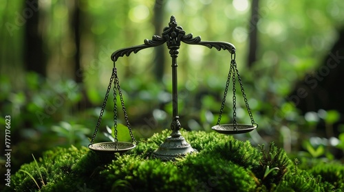 The Scales of Justice are delicately balanced on a mossy forest floor