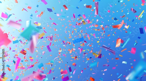 Multi colored confetti falling on blue background