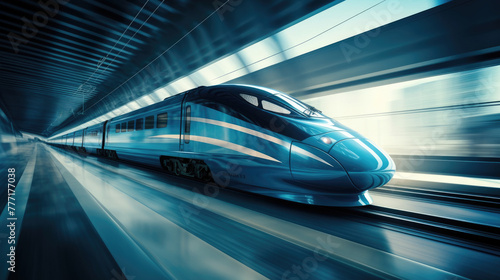 Shinkansen, Train station with motion blur effect, light trails, blue high speed bullet train on the railway station and colorful sky with clouds at sunset 