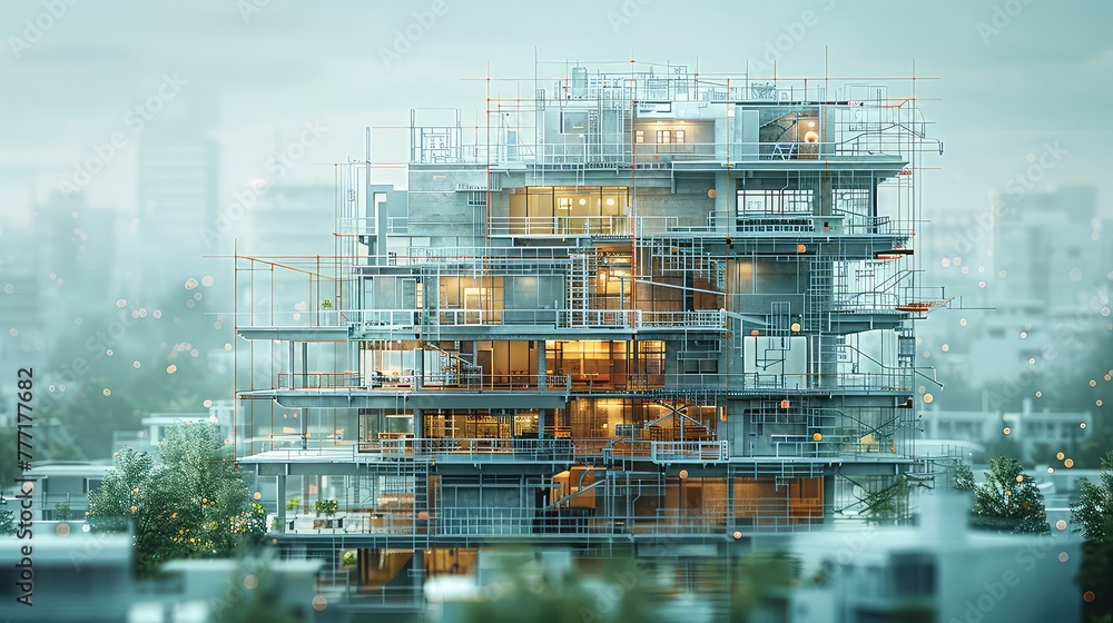 A Large Building With Red and Yellow Scaffolding, Building construction process represented through innovative data visualization, AI Generated