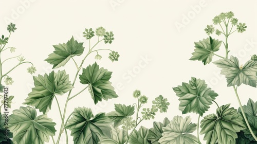 A painting of a green plant with leaves and flowers  AI