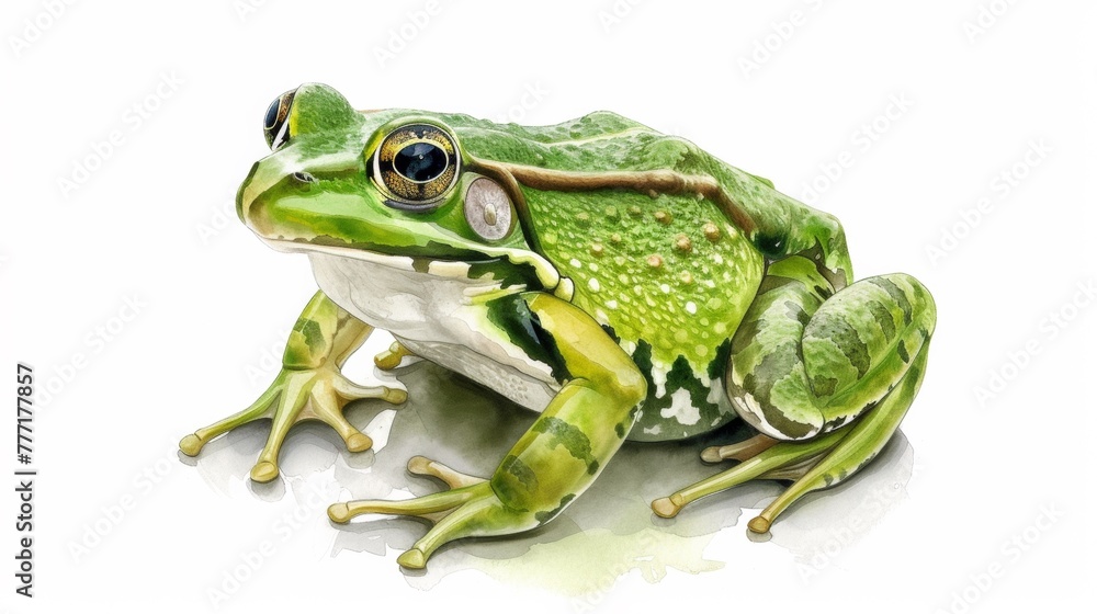 Obraz premium A green frog sitting on a white background with watercolor, AI