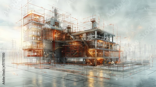 A Large Building With Red and Yellow Scaffolding, Building construction process represented through innovative data visualization, AI Generated photo