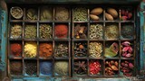 Colorful spice palette  artistic arrangement of various spices in small bowls for presentation