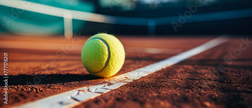 Close-up on tennis ball on tennis court, stadion, arena. Sport lifestyle background. Summer template or banner. The concept of professional game sports.Generative ai  © Inai