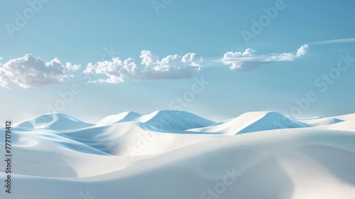 Stunning abstract futuristic panoramic wallpaper with sand dunes, white clouds and geometric shapes on a clear blue sky.