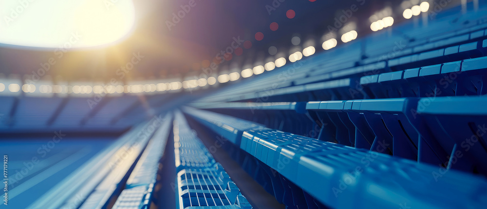 Close up of tribune on sport stadium. Professional cort, arena.Sport lifestyle background.Place for fans. Copy space.Mockup or banner for sports competitions. Generative ai