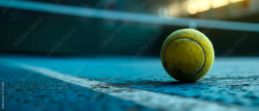 Close-up on tennis ball on tennis court, stadion, arena. Sport lifestyle background. Summer template or banner. The concept of professional game sports.Generative ai 